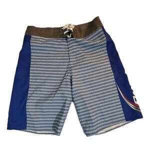 Bud Light Swim Trunks Men's 32 Blue Striped Board Shorts lace tie hook and loop